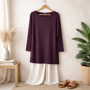 Eileen Fisher Plum Longline Tunic Top XS Minimalist Stretch Jersey Essential